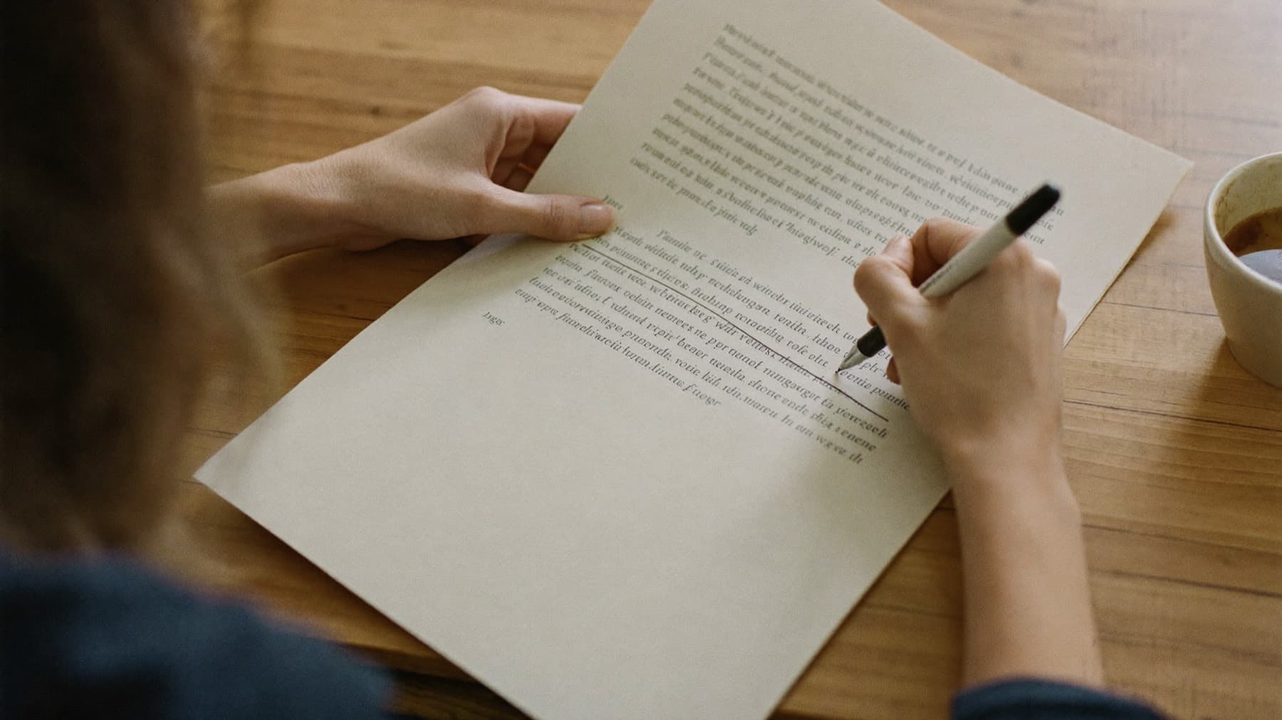 Close view of hands at a kitchen table drawing a firm line through one paragraph of a printed page, with other lines already struck out.