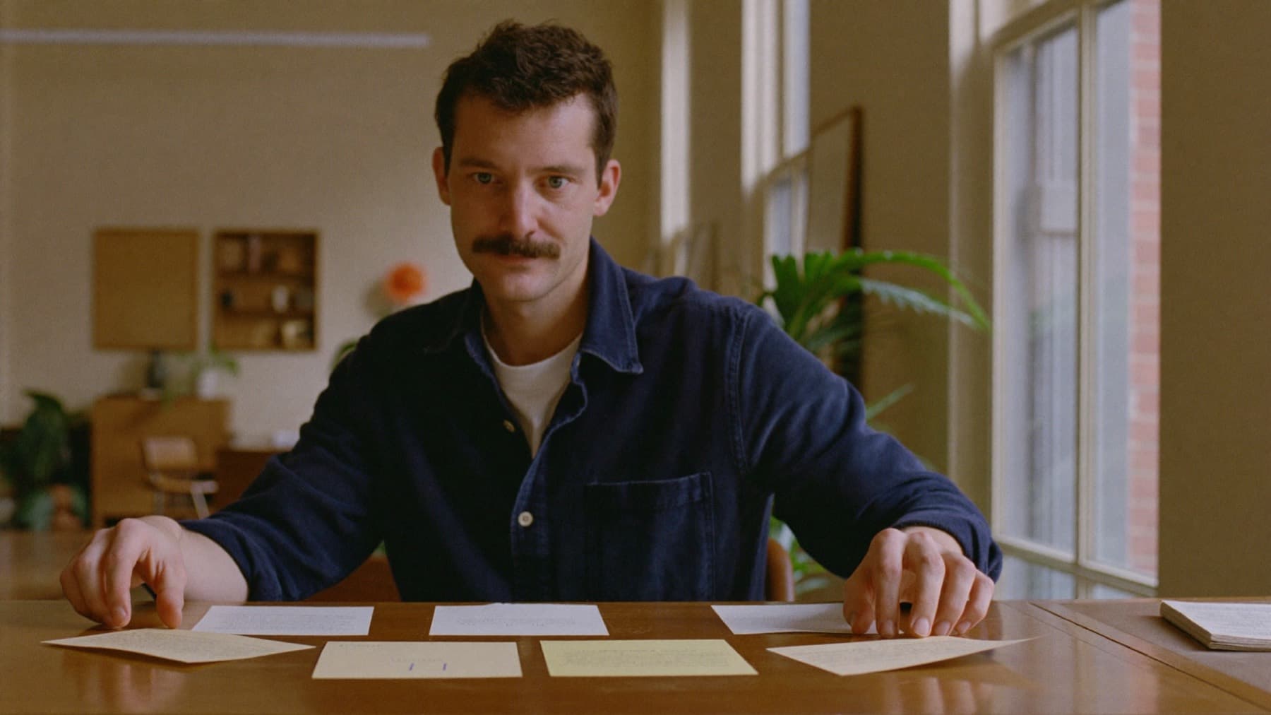 A man at his desk in a bright office, laying printed pages side by side in order across the table in front of him.