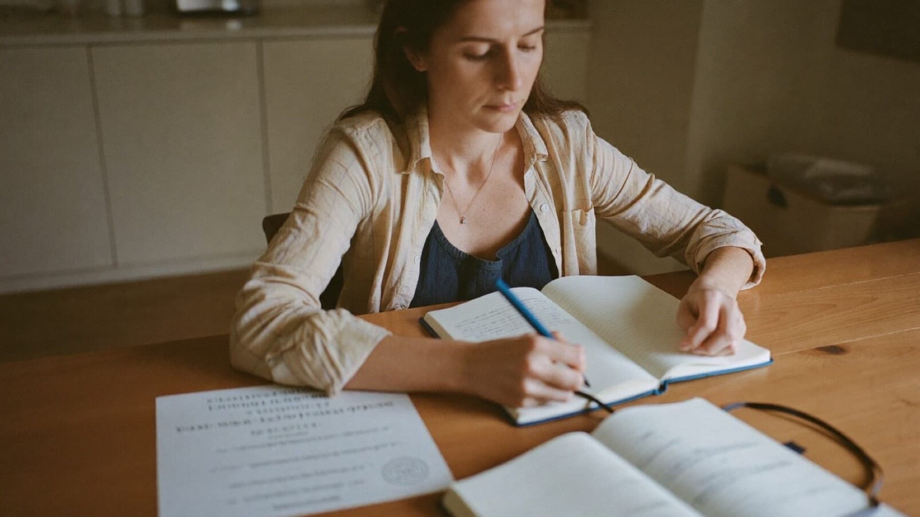 A woman at a kitchen table with a printed certificate set to one side, working instead in a notebook she is filling herself.