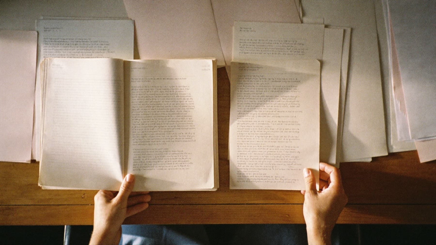 Seen from above, a pair of hands holding two pages clear of a desk that is covered edge to edge with sheets of handwritten notes.