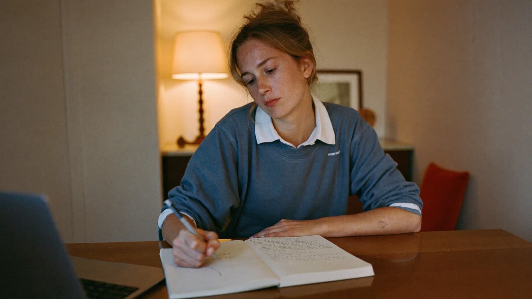 A woman at a dining table late in the evening, pen stopped on a half-written notebook page, thinking rather than writing.