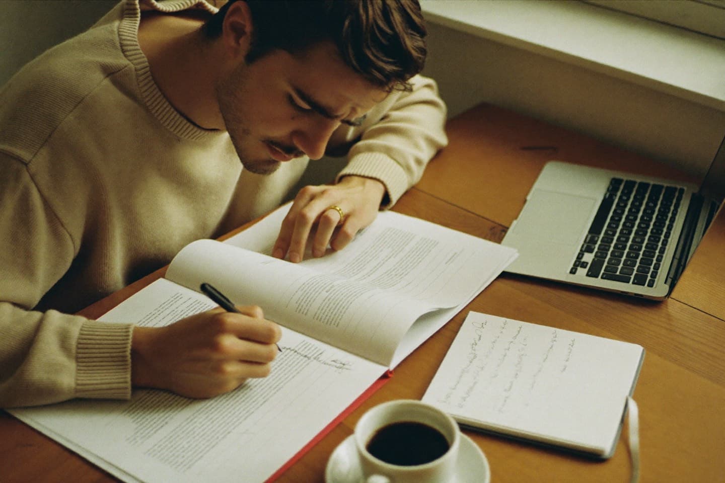 A man at a table marking up a printed job posting with a pen, laptop pushed aside.