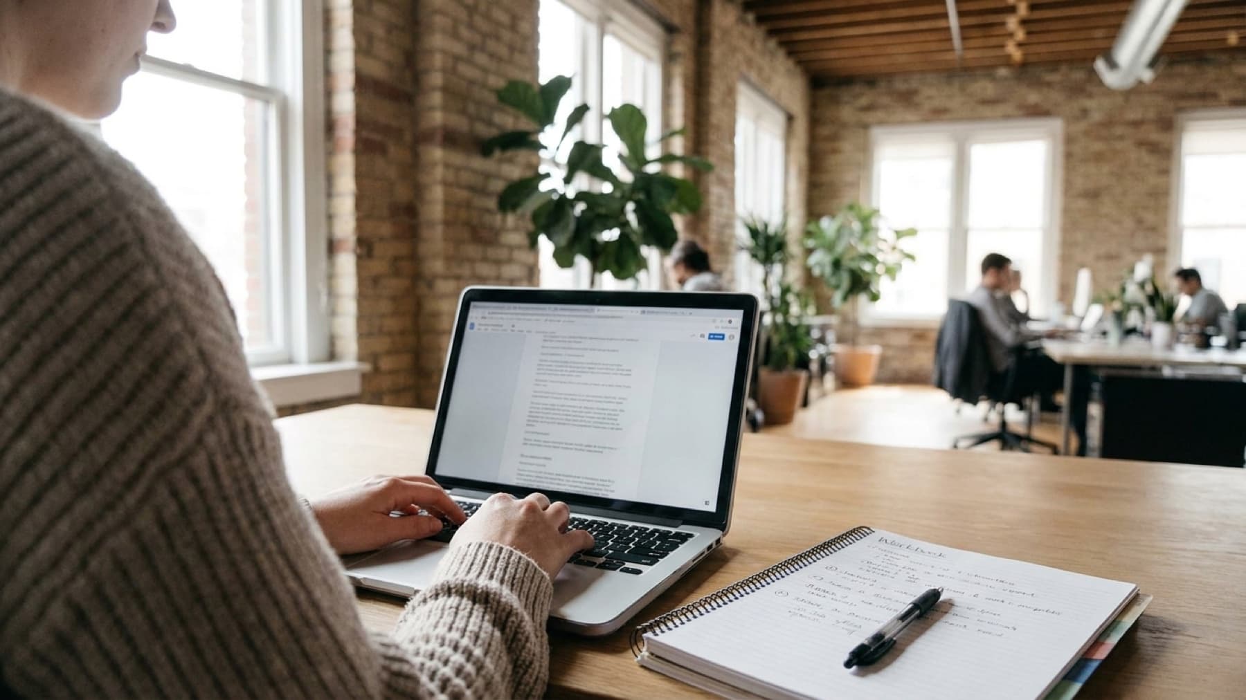 A student typing at a laptop in a bright coworking-style room, an open spiral-bound workbook with handwritten notes beside the keyboard.