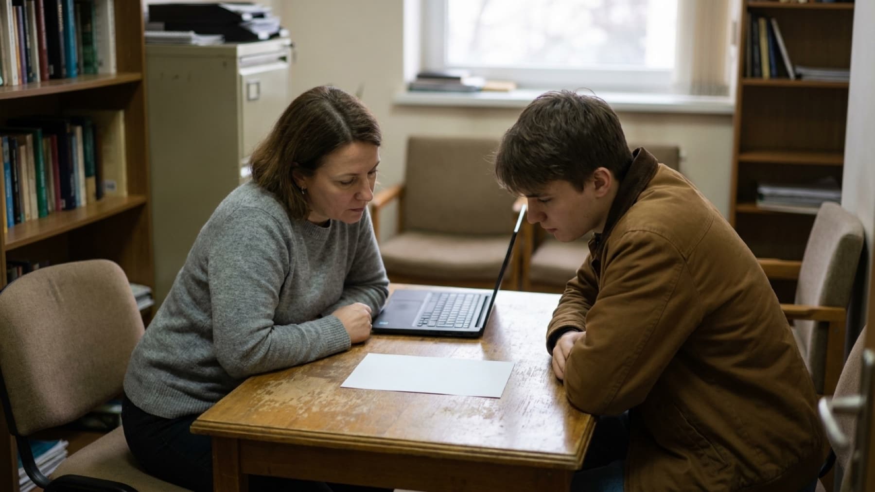 A career services advisor and a student leaning over a single printed sheet together at a small office table, a laptop closed beside it.