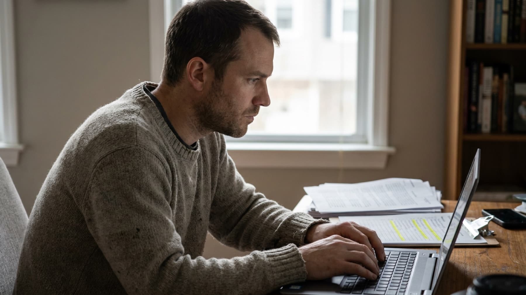 A man at a home desk in window light, typing at a laptop beside a printed résumé with one line highlighted in yellow.