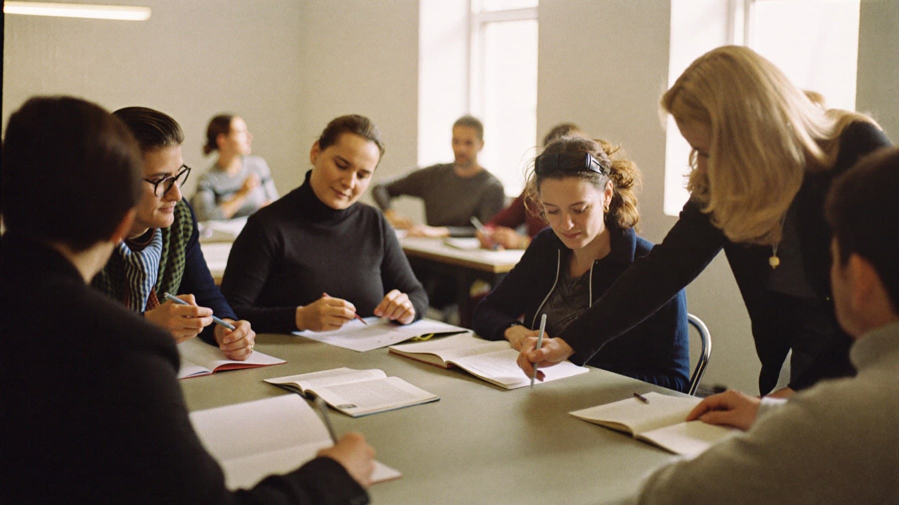 Adults of varied ages working through printed workbooks around tables in a bright community room while an instructor helps at one table.
