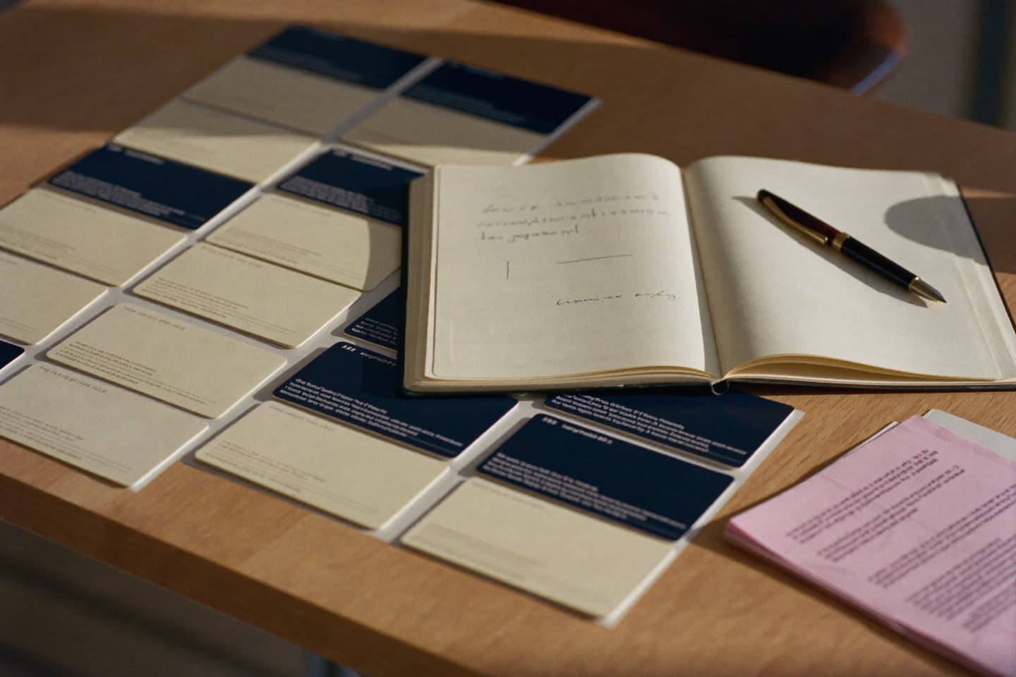 Cream and indigo index cards laid out in a deliberate grid beside an open notebook and pen, in warm morning light.