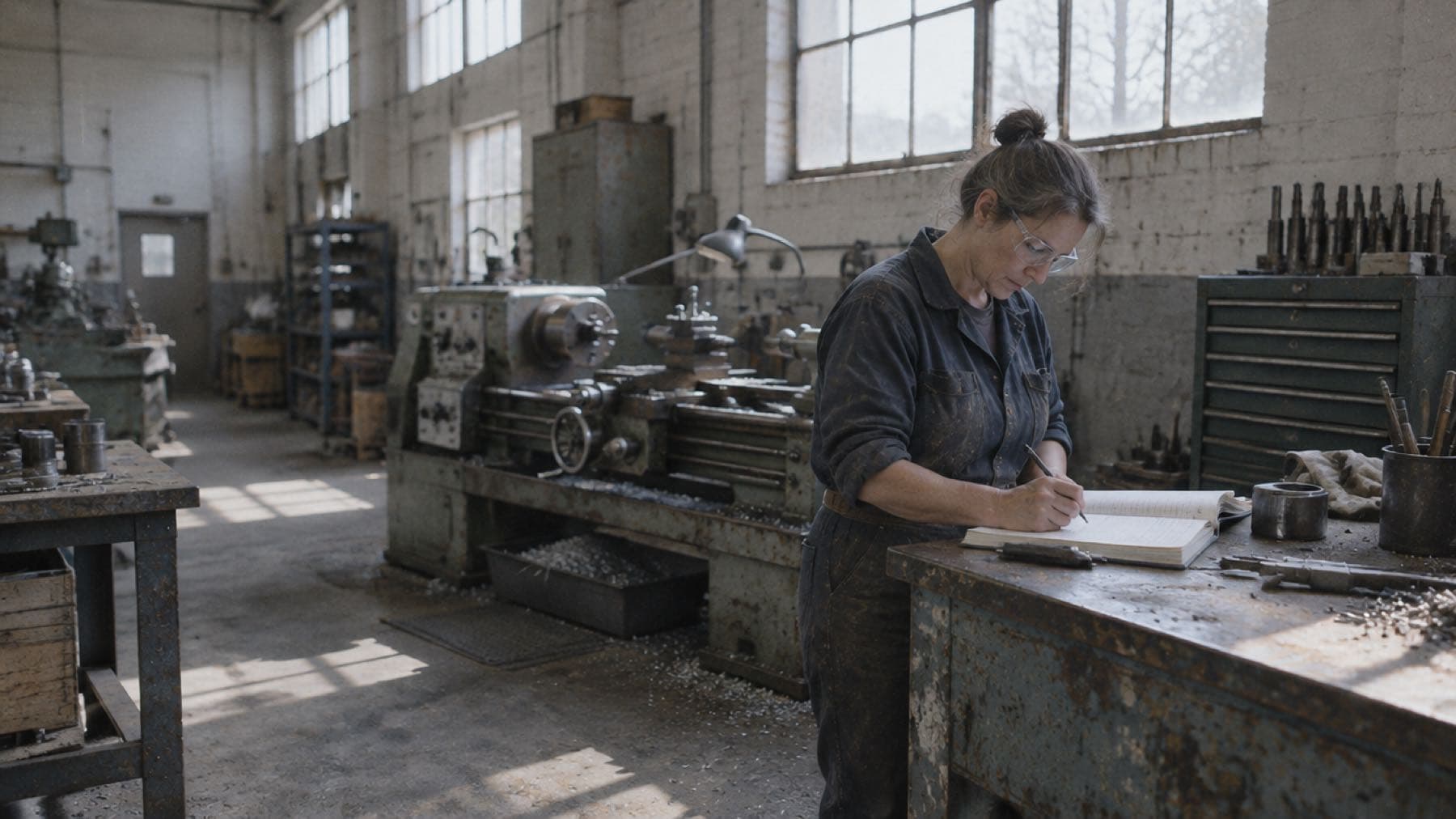 A machinist in her forties writing in a logbook at her bench, her lathe behind her, sunlight falling through the high shop windows.