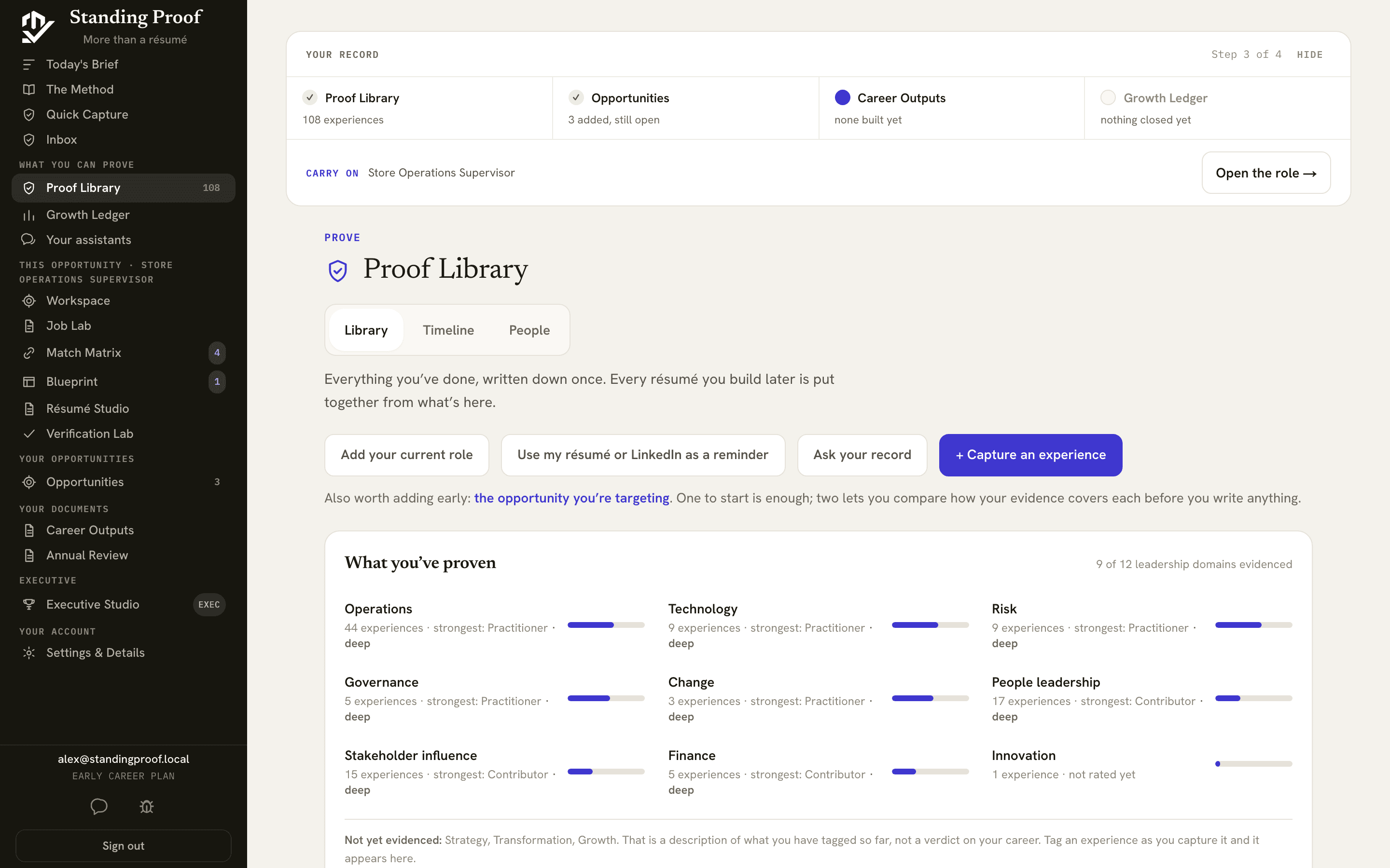 The Proof Library, listing documented experiences and the domains they cover.