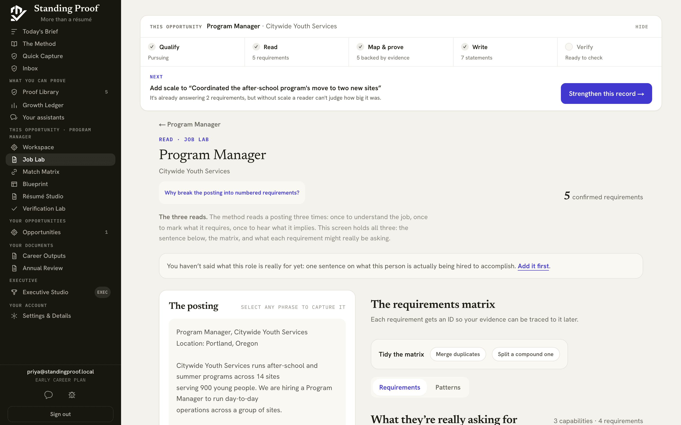 Job Lab, reading a posting into requirements before any résumé is written.