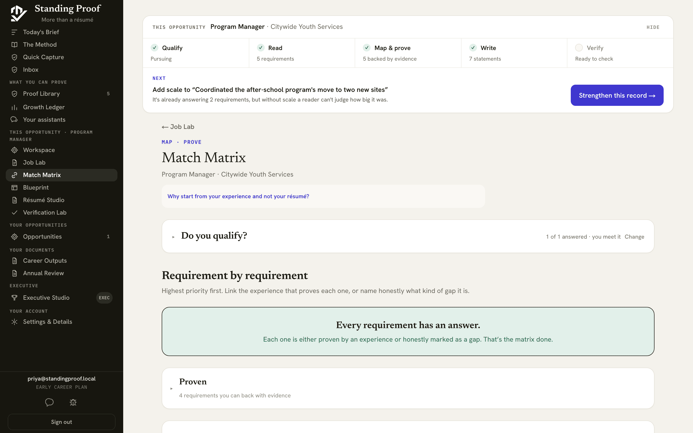 The Match Matrix, tracing each requirement to the evidence that answers it.