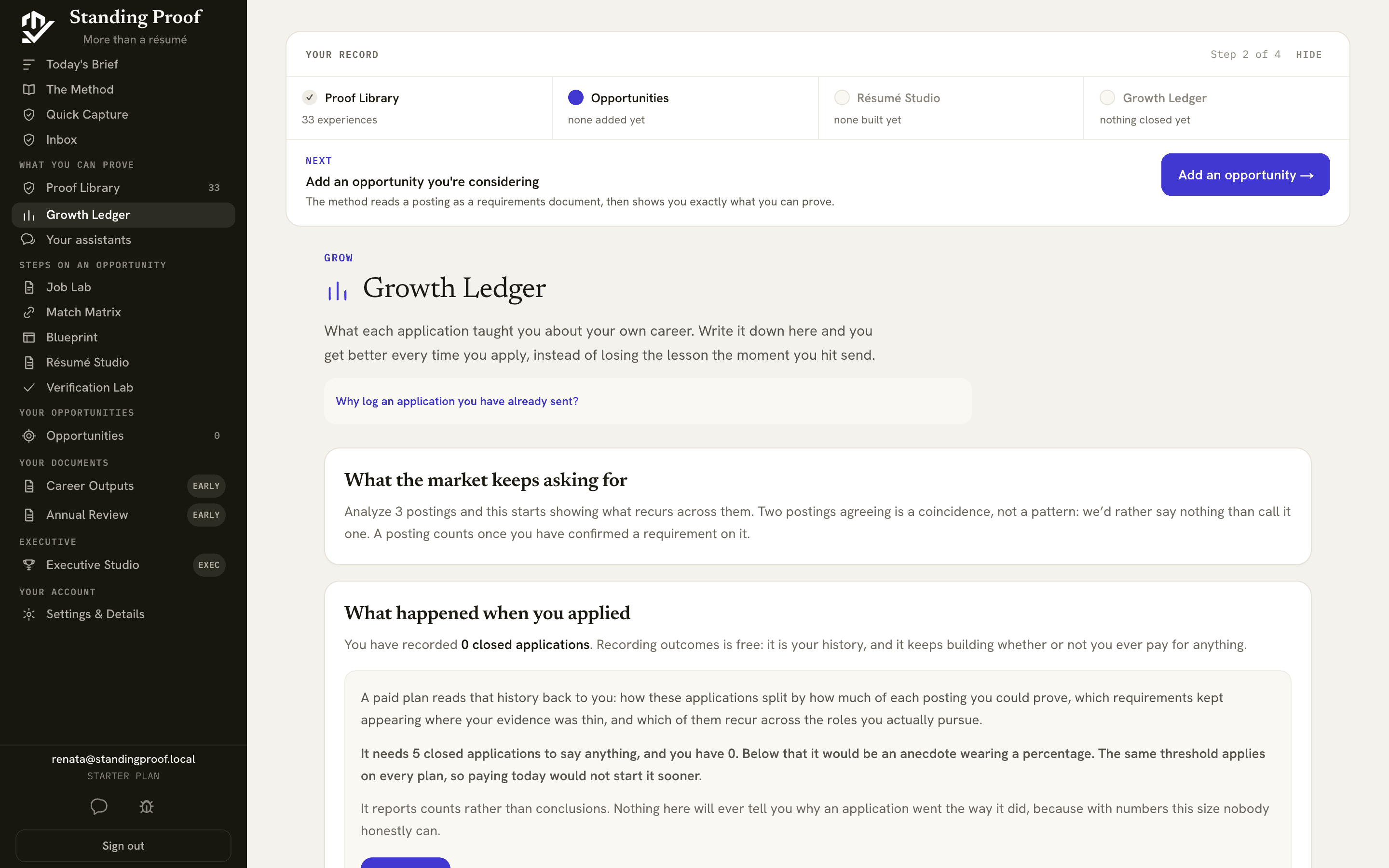 The Growth Ledger, showing what each posting taught and what the library gained.