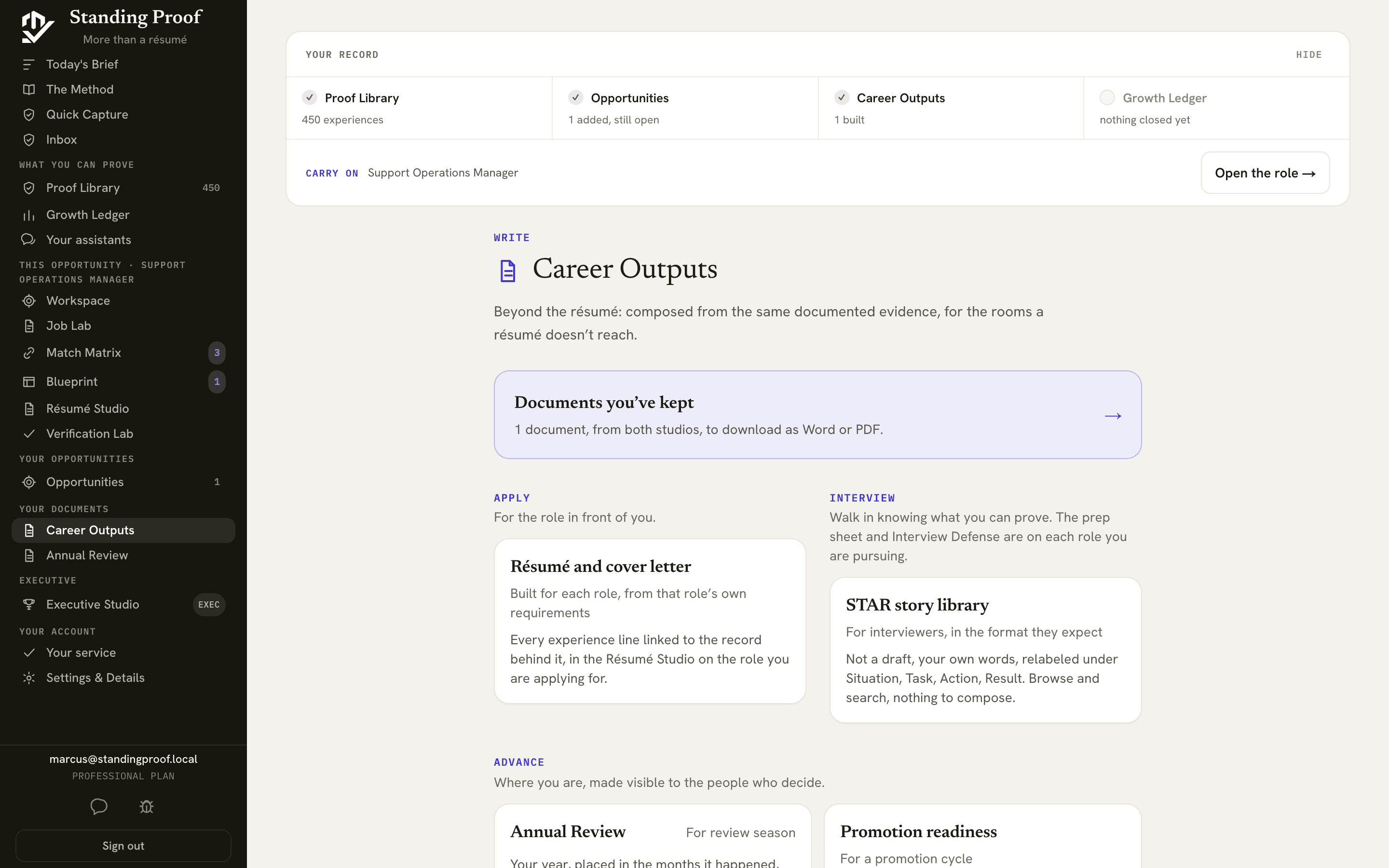 The Career Outputs screen, listing documents built from a person's evidence record.
