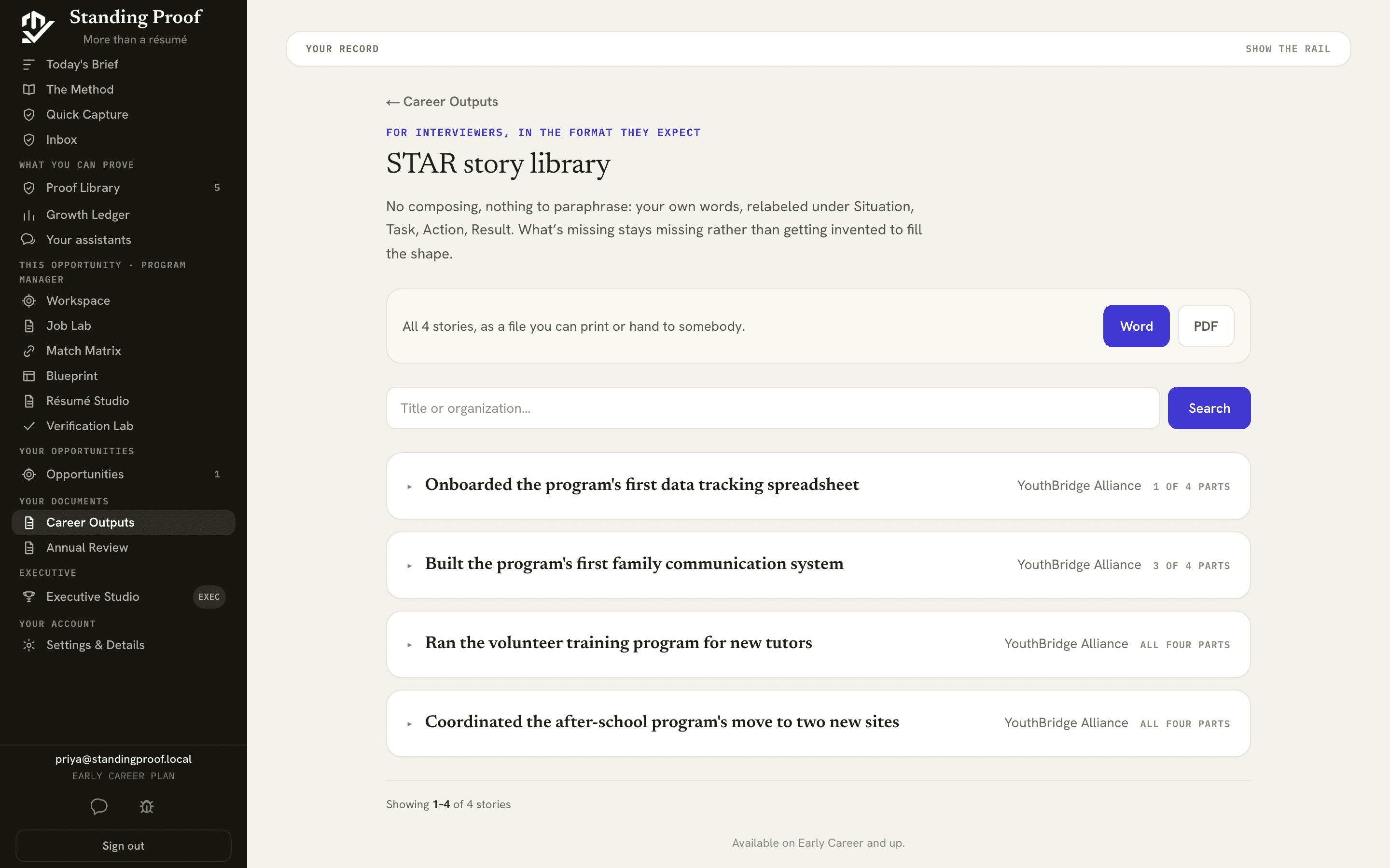 The STAR story library, listing a graduate's stories in situation, task, action and result form.